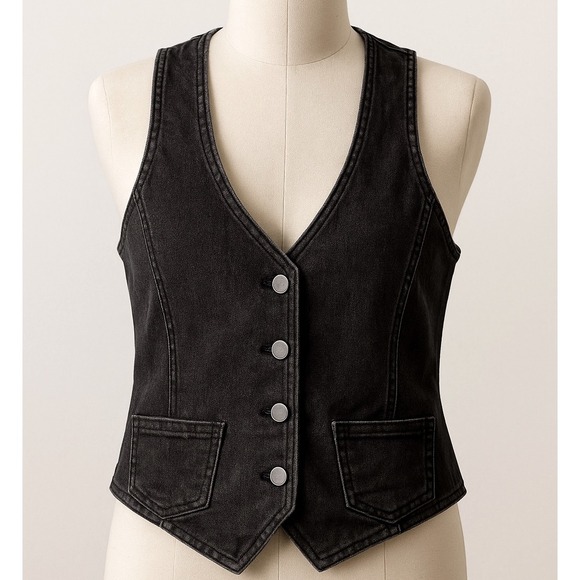 Belle Vere Denim Vest Women's Small Black Sleeveless Button Up Anthropologie - Picture 1 of 8